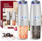 CIRCLE JOY Gravity Electric Salt and Pepper Grinder Set with 2-Speed, Rechargeable Salt and Pepper Grinder Set, Adjustable Coarseness, Whiet LED Light