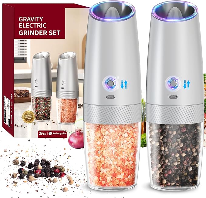 CIRCLE JOY Gravity Electric Salt and Pepper Grinder Set with 2-Speed, Rechargeable Salt and Pepper Grinder Set, Adjustable Coarseness, Whiet LED Light