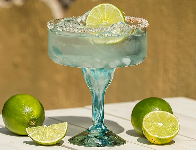 16 oz Hand Blown Mexican Margarita Glasses Set of 2 - Ocean Blue Confetti