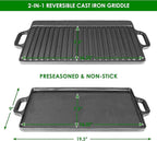 ProSource 2-in-1 Reversible 19.5” x 9” Cast Iron Griddle with Handles, Preseasoned & Non-Stick for Gas Stovetop, Oven and Open Fire.