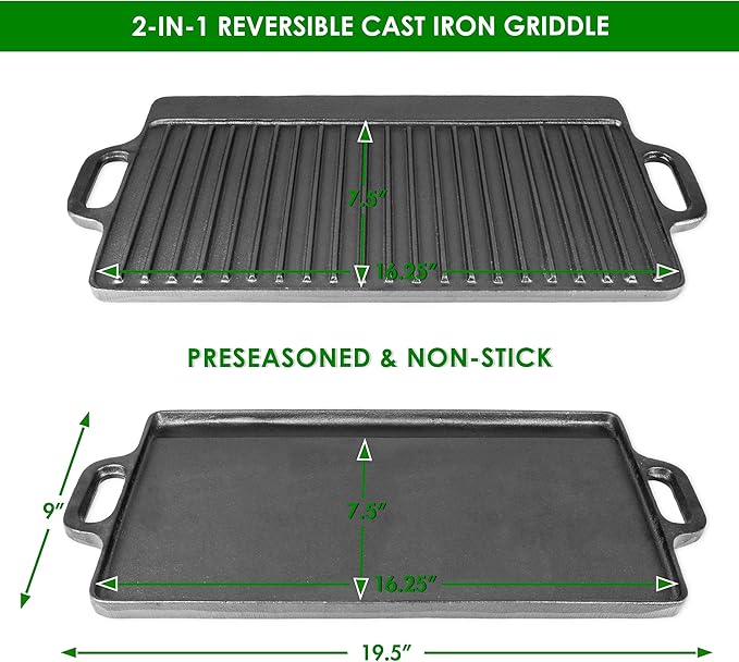 ProSource 2-in-1 Reversible 19.5” x 9” Cast Iron Griddle with Handles, Preseasoned & Non-Stick for Gas Stovetop, Oven and Open Fire.