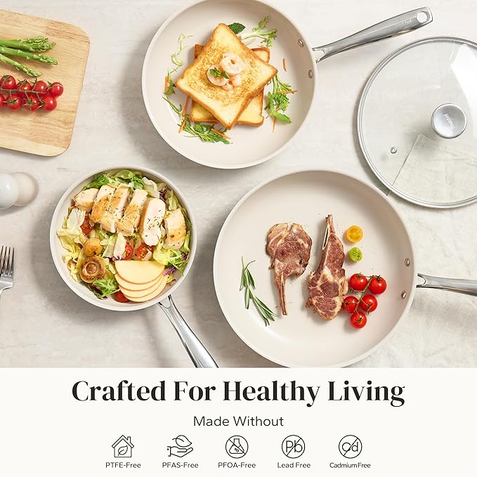 Redchef Nonstick Cookware Sets, Ceramic Frying Pan Set with Tempered Glass Lids, Non Stick Cooking Set, Dishwasher & Oven Safe, Induction Safe, Compatible with All Cooktops, Blue (8", 9.5", 11")