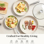 Redchef Nonstick Cookware Sets, Frying Pan Set with Tempered Glass Lids, Ceramic Cookware Set, Stay-Cool Handles, Dishwasher & Oven Safe, Compatible with All Cooktops, Beige (8+9.5+11 Inch)