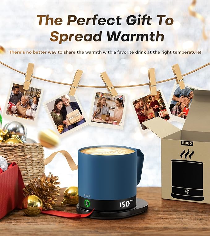 Heated Coffee Mug Rechargeable - Temperature Control Self Heating Coffee Mug 14oz with Lid, Double Sided & Real-Time LED Display, Hot up to 150℉, Birthday Gifts for Women and Men(Blue)