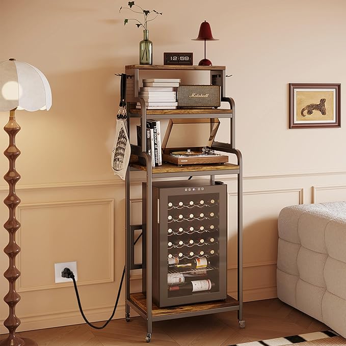 4-Tier Mini Fridge Stand with Storage,Mini Fridge Cabinet with Power Outlet,Pegboard,Bakers Rack with Storage Shelf,Microwave Oven Stand,Mini Fridge Shelf for Dorm(Vintage Brown)