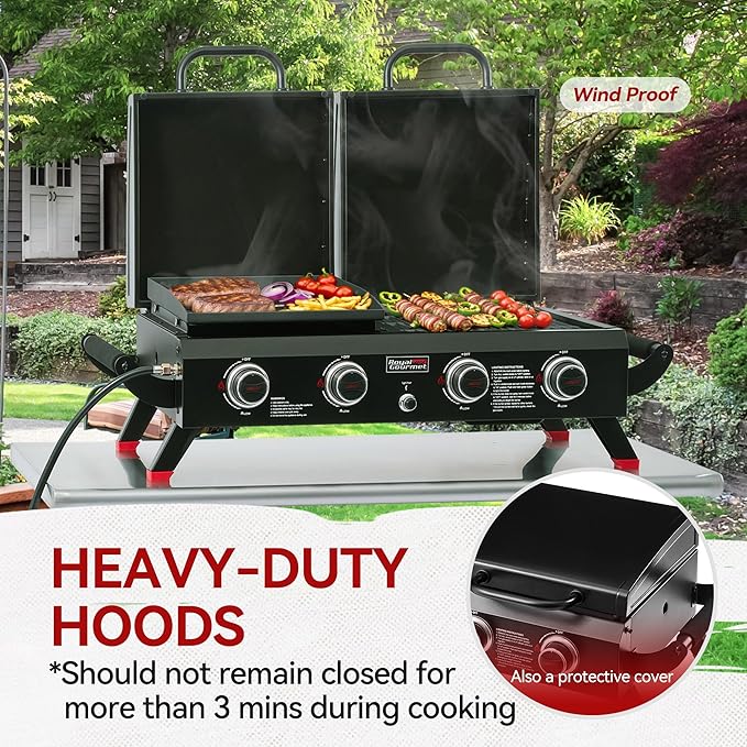 Royal Gourmet GD4002TP 4 Burner Propane Gas Grill and Griddle Combo with Hood, 2-in-1 Portable Grill Griddle Combo with 40,000 BTUs Output for Camping, Tailgating, Backyard, Black