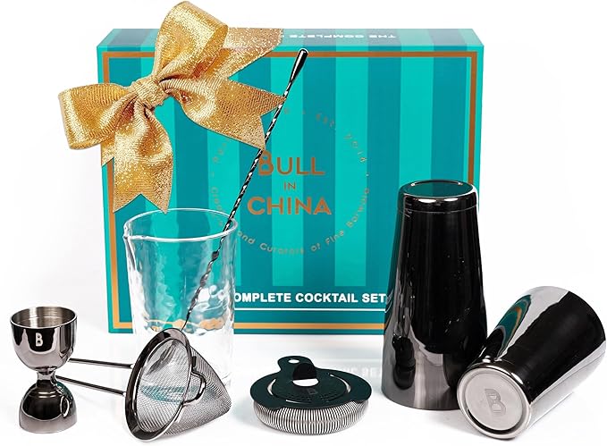 Shaken & Stirred Cocktail Set by Bull in China - Premium Bartender Gift Set 2 Piece Weighted Shaker, Hammered Jigger, Hawthorne Strainer, Fine Mesh Strainer, Mixing Glass & Barspoon (Gunmetal Black)