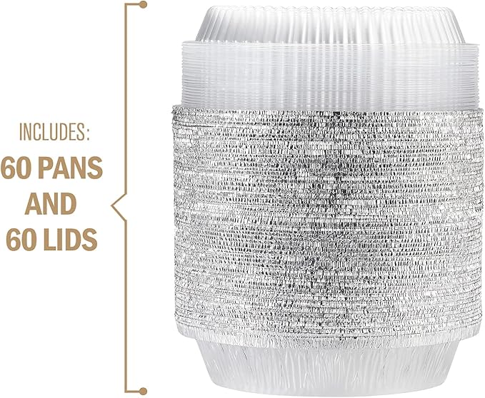 Silver Knight (60 Pack) 7-Inch Round Aluminum Pans Disposable with Plastic Dome Lids Tin Foil Pans for Roasting, Meal Prep, to-Go Containers Silver