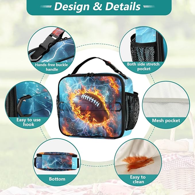 American Football Lunch Bag for Teens Boys Cool Insulated Lunch Box with Adjustable Shoulder Belt Cooler Bag for Sports Travel Camping College