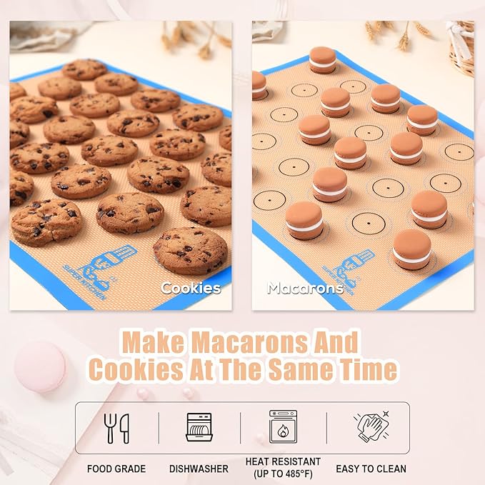 Silicone Macaron Baking Mat Half Sheet - Set of 3 (2 Half Sheet and 1 Quarter Sheet), Non Stick Silicon Oven Liner For Macaroons and Cookies, By Folksy Super Kitchen (16.5x11.6, Blue)