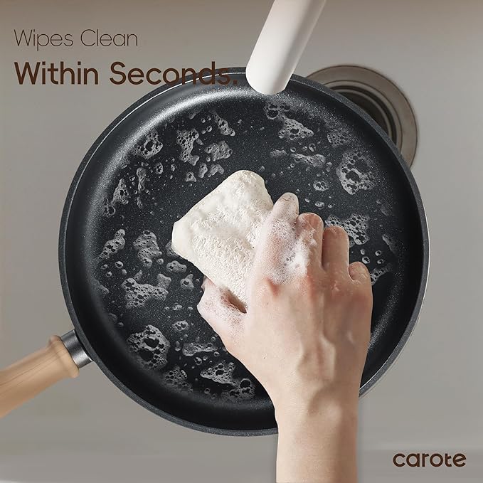 CAROTE Nonstick Skillet, Nonstick Deep Frying Pan, 10" Saute Pan with Lid, 3.8QT Deep Frying Pan Titanium Pan Chef's Pan, Stay-cool Handle, Compatible with All Stoves, Black