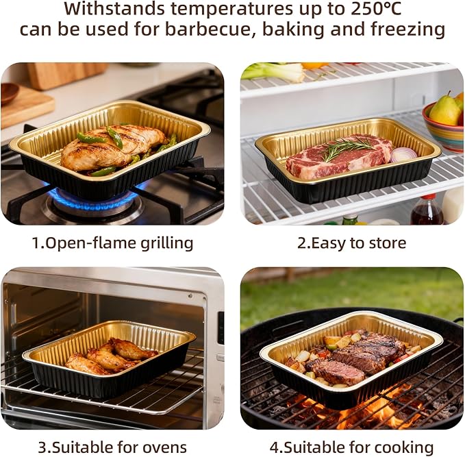 Aluminum Foil Pan with Lids,Heavy Duty Disposable Aluminum Baking Pans,14.57"×10.63" Steam Table Pan for Cooking,Heating, Storing,Prepping Roasting and Chafing(15 Pack Black and Gold w/Lids)