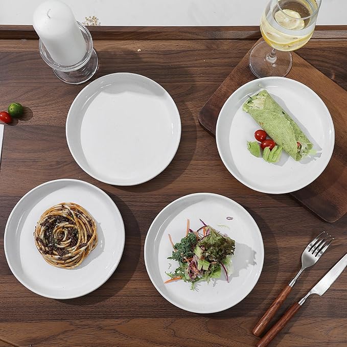 8-Inch Stoneware Plates Set of 4 - Porcelain Dinner Plates - Microwave and Dishwasher Safe, Ceramic Plates Set,Scratch Resistant. Kitchen Porcelain Dish,White(Brown Bottom)