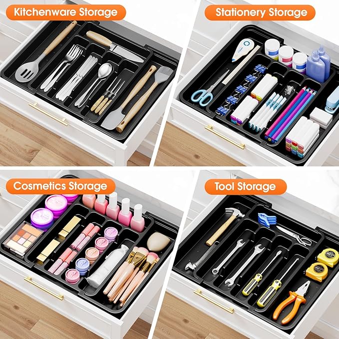 Silverware Organizer，Adjustable & Expandable Utensil Drawer Organizer, BPA Free Utensil Holder, Cutlery Tray for Forks, Spoons, Knives in Kitchen, Medium, Black