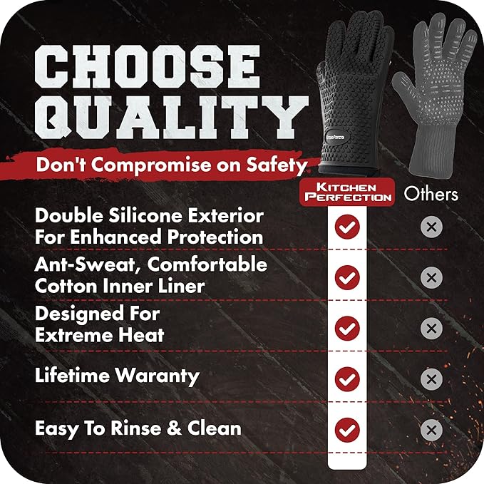KITCHEN PERFECTION XL Silicone Smoker Oven Gloves-Extreme Heat Resistant BBQ Gloves-Handle Hot Food Right on Your Grill Fryer&Pit|Waterproof Grilling Cooking Baking Mitts|Superior Value Set+3 Bonuses
