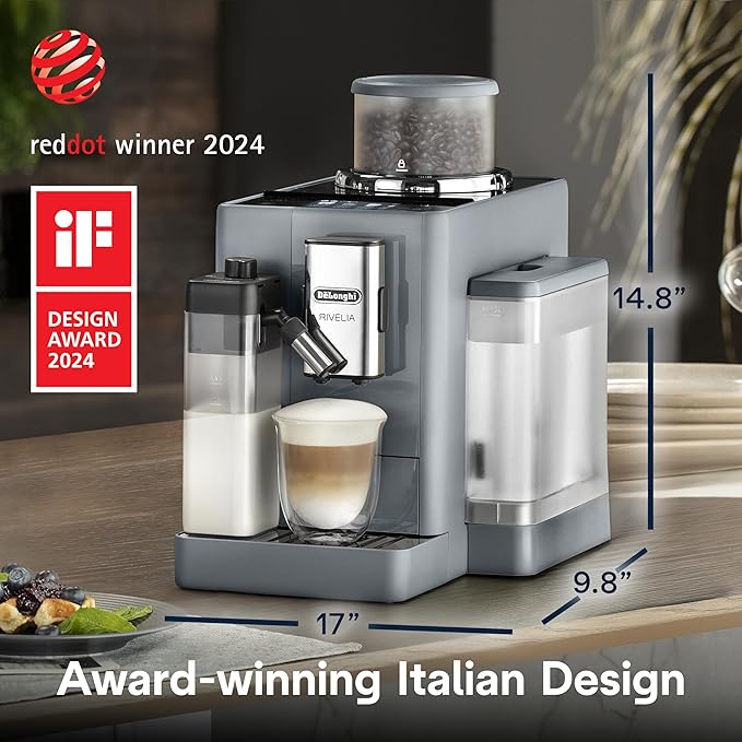 De'Longhi Rivelia Automatic Espresso Machine, Grinder & Frother, Easy Bean Switching, Pebble Gray