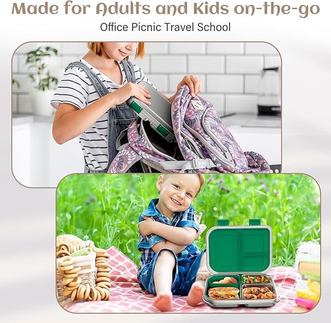 Stainless Steel Bento Box Kids, 3 Compartments Leak Proof Metal Bento Lunch Box, 304 Stainless Steel Bento Lunch Containers for School and Office,Dishwasher Safe, BPA-Free-Green