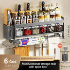 Hanging Wall Mount knife Wall Mount,Condiment Cup, Space-Saving Knife Rack with Hooks, Kitchen Organizer Storage Shelf for Utensils Spatula Spoon, Kitchen Utensil Hanger (Grey, 48cm+6Cups+10Hooks)