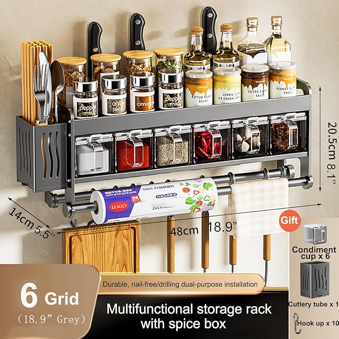 Hanging Wall Mount knife Wall Mount,Condiment Cup, Space-Saving Knife Rack with Hooks, Kitchen Organizer Storage Shelf for Utensils Spatula Spoon, Kitchen Utensil Hanger (Grey, 48cm+6Cups+10Hooks)