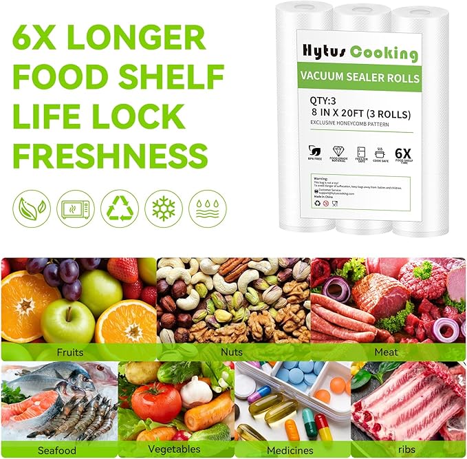 HytusCooking Vacuum Sealer Rolls, 3 Rolls 8" x 20', BPA-Free, Heavy Duty Multi-Layer Commercial Grade Food Storage Bags for Sous Vide & Meal Prep, Custom Sizes