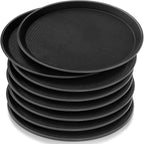 Zopeal 8 Pieces Black Round Restaurant Serving Tray, Plastic Non Slip Surface Food Meals Server Tray with Raised Edges for Home, Kitchen, Restaurant, Cafeteria, Bar (14")
