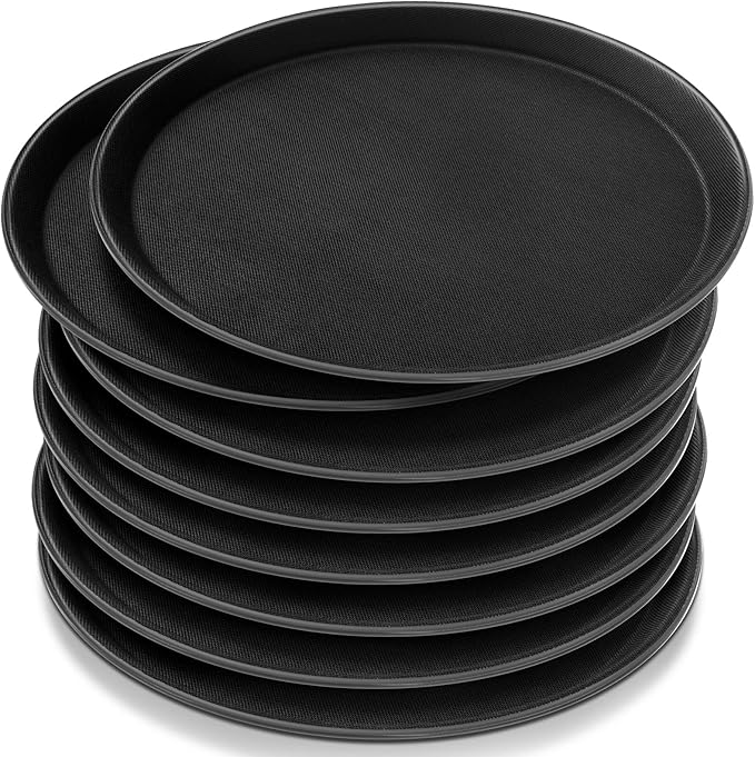 Zopeal 8 Pieces Black Round Restaurant Serving Tray, Plastic Non Slip Surface Food Meals Server Tray with Raised Edges for Home, Kitchen, Restaurant, Cafeteria, Bar (14")