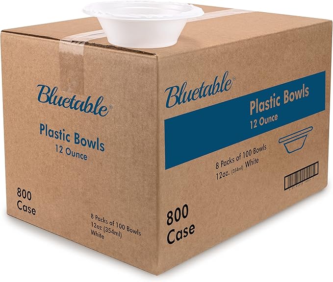 Bluetable Disposable Bowls 12 oz Bulk Case Pack (800 Count) Plastic Bowl White – Heavy Duty Bowls for Hot Soup Microwave Safe Paper Alternative Large Bowls Bulk [800 Pack/Case]