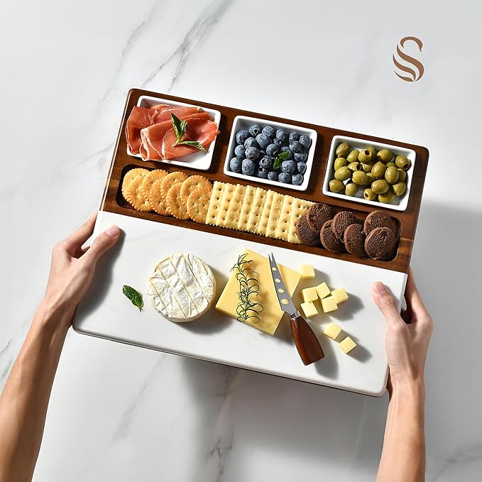 Shanik Marble & Acacia Wood Cheese Board Set – Includes 3 Ceramic Bowls, Stainless Steel Cutlery – Charcuterie Platter Gift for Entertaining