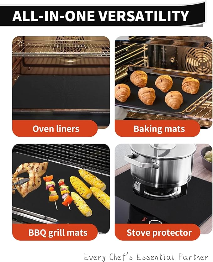Oven Liners for Bottom of Oven - 4 Pack Large Heavy Duty Oven Mats, 17"x 25" Reusable Matt Liner for Electric, Gas, Toaster Ovens & Grills, BPA & PFOA Free, Kitchen Essentials, Black
