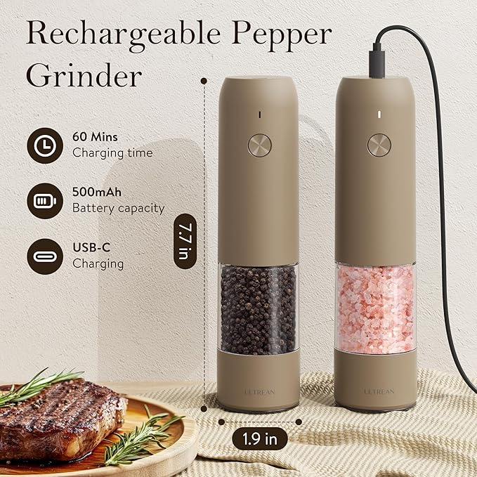 Ultrean Electric Pepper Grinder, Rechargeable Salt and Pepper Grinder with 6 Adjustable Coarseness, LED Light, One-Hand Automatic Operation, Brown
