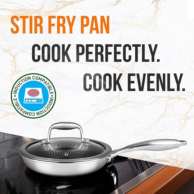 NutriChef 8" Stainless Steel Frying Pan - Triply Kitchenware Stir Fry Pan Kitchen Cookware w/DAKIN Etching Non-Stick Coating, Scratch-resistant Raised-up Honeycomb Fire Textured Pattern - NC3PL8