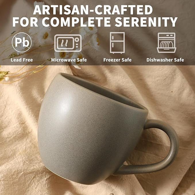 Ceramic Coffee Mugs Set, 16 oz Large Coffee Cups Set of 6 with Big Handle, Stoneware Coffee Mugs for Cappuccino, Tea, Cocoa, Cereal, Cute Latte Cups for Men and Women Gifts, Grey