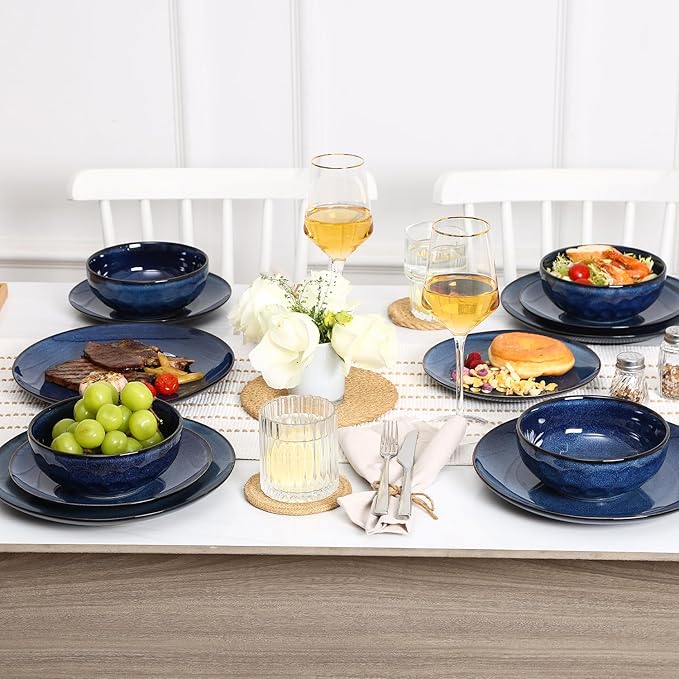 Vicrays Ceramic 12 Pieces Dinnerware Set - Dinner Plates Salad Plates Cereal Bowls Set Service for 4 - Scratch Resistant Microwave Oven Dishwasher Safe - Starry blue