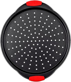 13 Inch Pizza Pan for Oven, Round Pizza Pan with Holes - Non-Stick Carbon Steel Pizza Tray with Silicone Handles - for Cooking, Baking, and Grilling - Dishwasher Safe