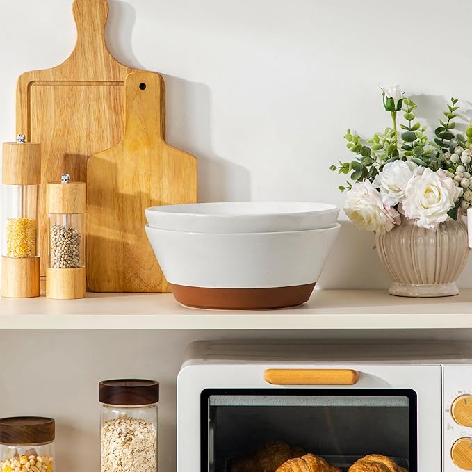 MALACASA Serving Bowls, 105oz Large Salad Bowls for Party, Entertaining, Big Ceramic Bowls for Soup, Fruit and Pho, 2-Pc Wide Bowl Set, White & Brown