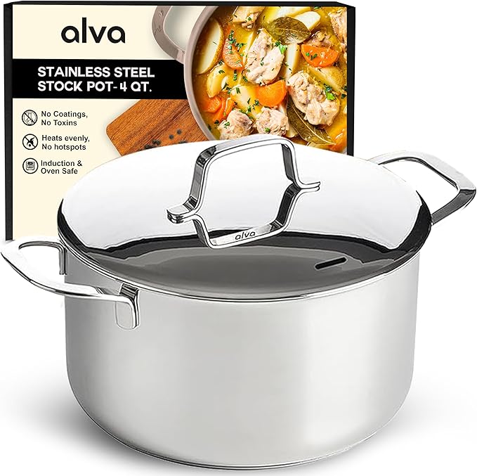 Alva Maestro 4Qt Stainless Steel Stock Pot with Lid – Professional Grade 18/10 Steel – Induction & Oven Safe, Even-Heat Aluminum Core, Non-Toxic & Rust Resistant, Dishwasher Safe, Measurement Marks