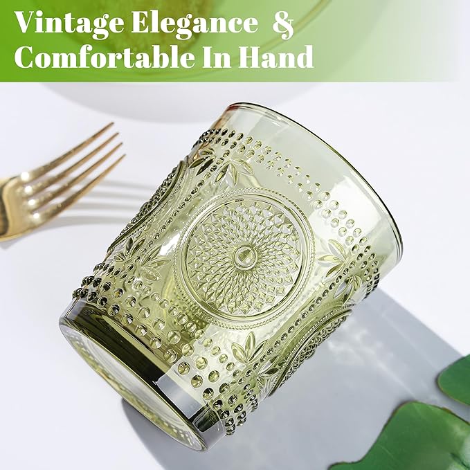 Joeyan Green Vintage Drinking Glasses,Embossed Small Sunflower Water Glass Tumbler,11oz Colored Boho Beaded Glassware for Beverages Juice Whisky Cocktail Beer Wine,Set of 6,Dishwasher Safe
