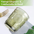 Joeyan Green Vintage Drinking Glasses,Embossed Small Sunflower Water Glass Tumbler,11oz Colored Boho Beaded Glassware for Beverages Juice Whisky Cocktail Beer Wine,Set of 6,Dishwasher Safe