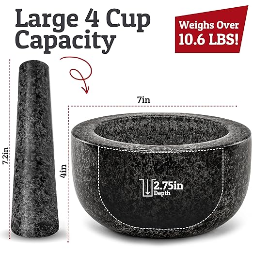Priority Chef Heavy Duty Large Mortar and Pestle Set, 100% Granite, Non Slip Base, Make Fresh Guacamole, Salsa, Pesto, Stone Grinder Bowl, Herb Crusher, Spice Grinder, 4 Cup - Black