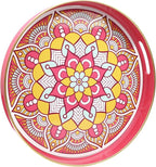 Round Pink Decorative Tray for Coffee Table, Ottoman, 13” Plastic Serving Platter Tray with Handles for Entertaining, Living Room