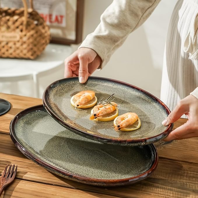 Ceramic Large Serving Platters- Set of 3 Oval Platters for Entertaining. Modern Kitchen Dishes for Dinner, Fruit, Salad, Turkey, etc. Oven, Dishwasher Safe, 15.75" / 13.75" /12",Caramel Brown