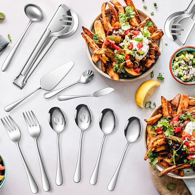 Patelai Serving Utensils Set Include Stainless Steel Large Spoons Slotted Spoons Forks Tongs Soup Ladle and Pie Server for Parties Buffet Catering, Dishwasher Safe(Silver,21 Pieces)
