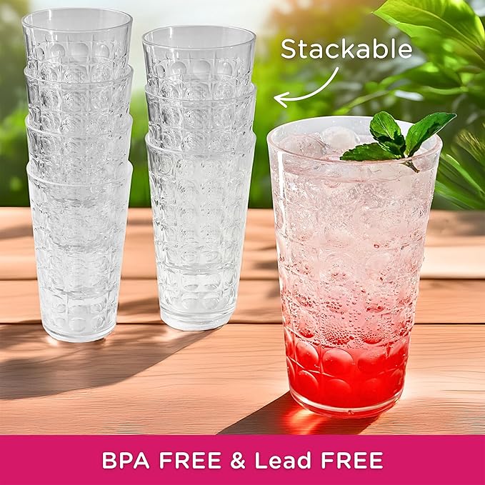 Kate Aspen Clear Plastic Drinking Glasses Set of 8, 19 oz, Hobnail Bubble Acrylic Glasses Drinkware, Plastic Tumblers Cups Dishwasher Safe, BPA-Free Acrylic Cups Reusable for Cocktails and Kitchens