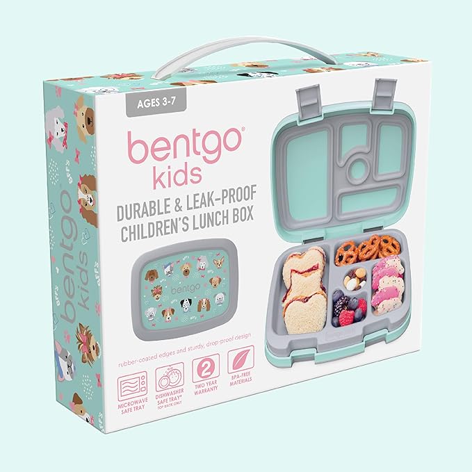 Bentgo Kids Prints Leak-Proof, 5-Compartment Bento-Style Kids Lunch Box - Ideal Portion Sizes for Ages 3-7, Durable, Drop-Proof, Dishwasher Safe, & PFAS & BPA-Free Materials (Puppy Love)