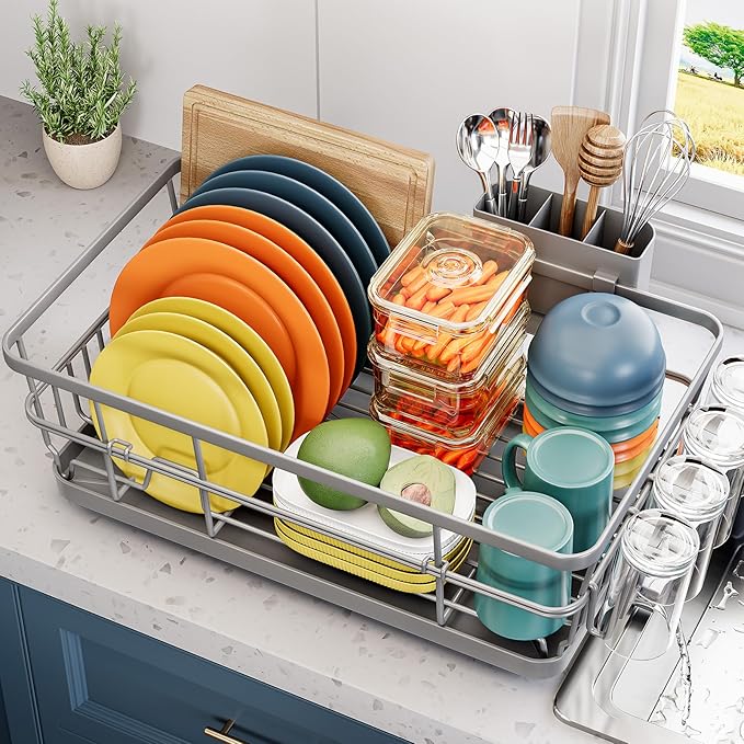 Dish Drying Rack for Kitchen Counter, Large Dish Racks with Drainboard, Kitchen Sink Dish Strainer Rack, Countertop Dish Drainer Rack with Cup & Utensil Holders, Dish Dryer Rack Large Size Gray
