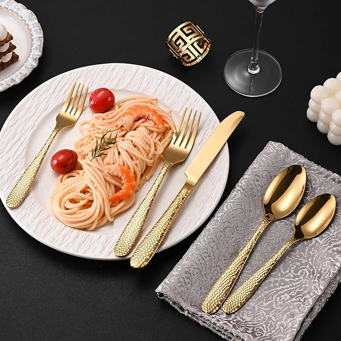 Gold Hammered Silverware Set, 40-Piece Heavy Duty Stainless Steel Flatware Sets for 8, Food-Grade Cutlery Set for Home Restaurant, Mirror Polished, Dishwasher Safe