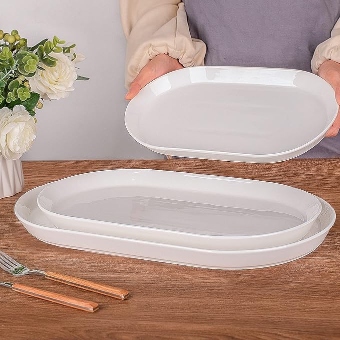 Large Serving Platter - 16"/14"/12" Oval Serving Tray, Ceramic Turkey Platters for Entertaining, Christmas Party, Set of 3, White