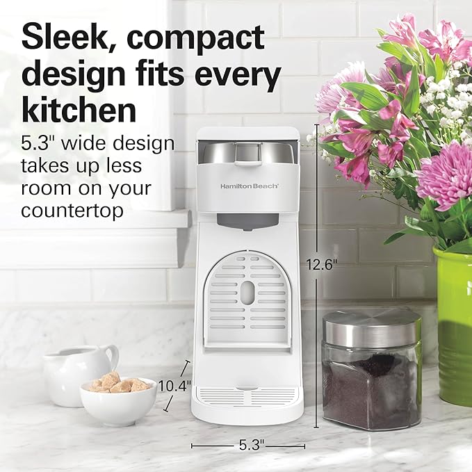Hamilton Beach 47621 The Scoop Single Serve Coffee Maker & Fast Grounds Brewer for 8-14oz. Cups, Brews in Minutes, Next Gen, White