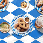 100 Ft x 54 Inch Oktoberfest Plastic Tablecloth Roll with Slide Cutter Box Disposable Bavarian Blue & White Argyle Design, Waterproof Blue Diamond Table Cover for Festivals Events Party Decor
