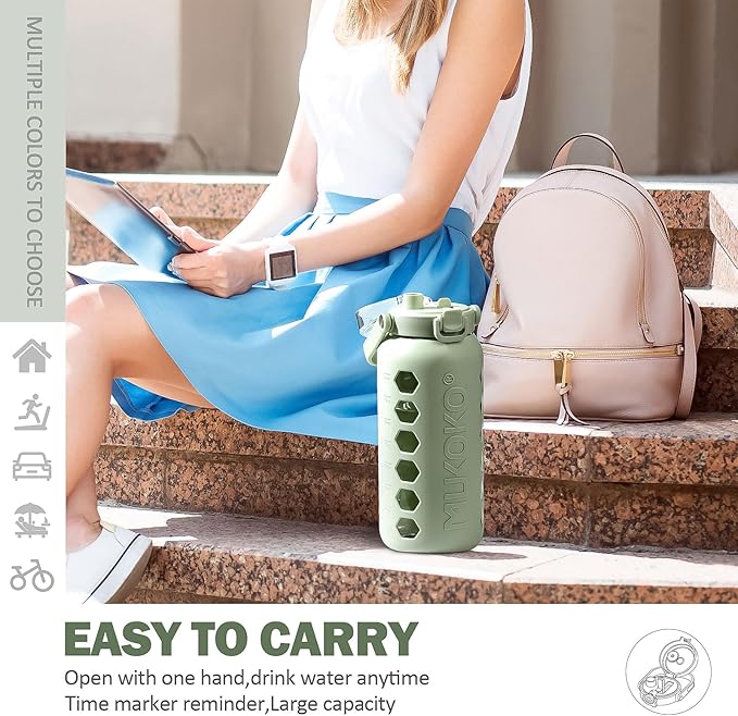 MUKOKO Half Gallon/64 oz Glass Water Bottles with Straw and Lid,Motivational Water Jug with Time Marker Reminder and Silicone Sleeve,100% Leakproof BPA Free Fitness Sports Large Bottle-Green